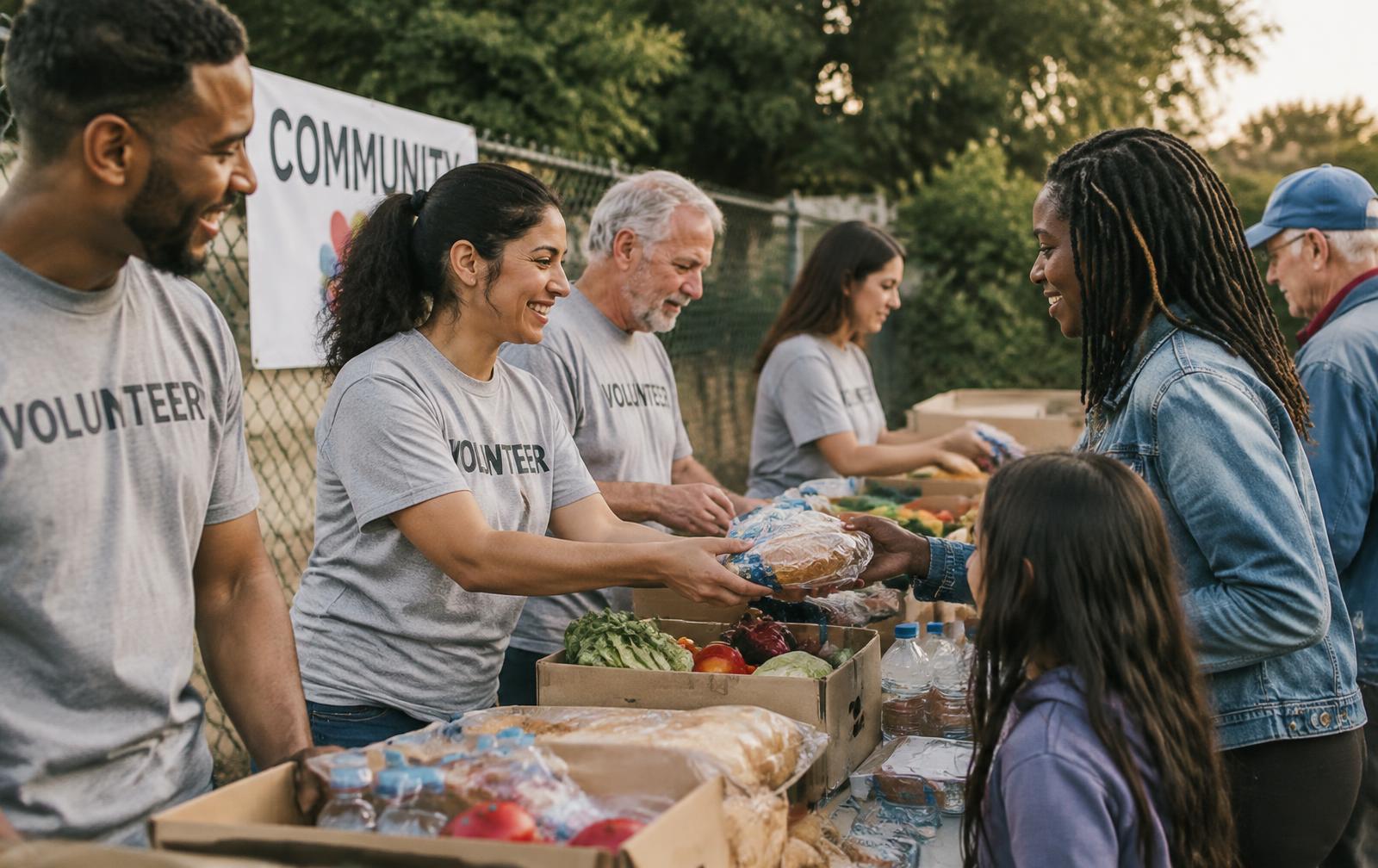 Volunteers sharing food with neighbors at an outdoor community table